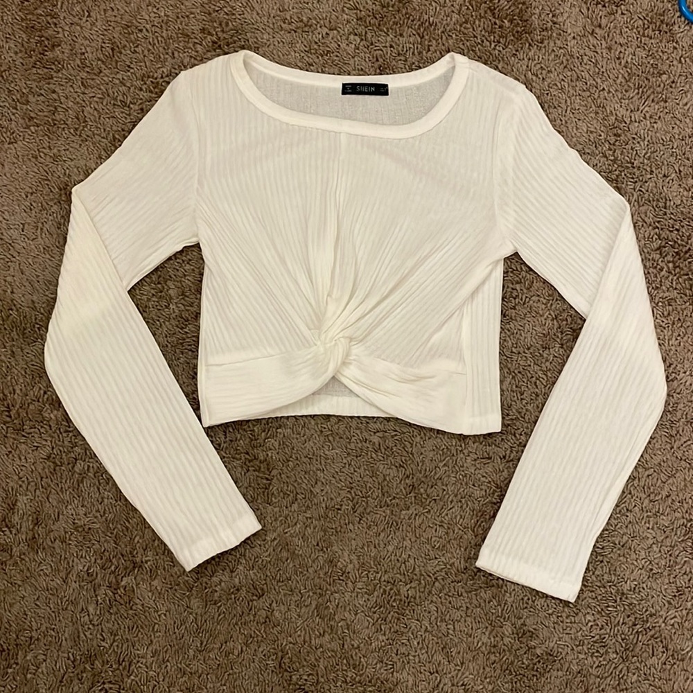 Long sleeve white shirt. Knotted front.  Size S, shein.